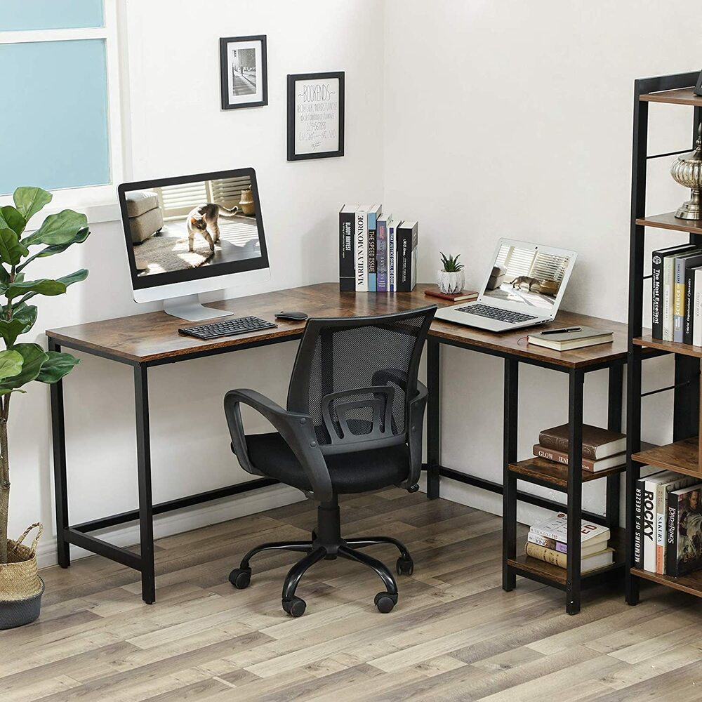 Affordable quality home office setup with value furniture including desk, chair, bookshelves, and computer in a modern, well-lit room.