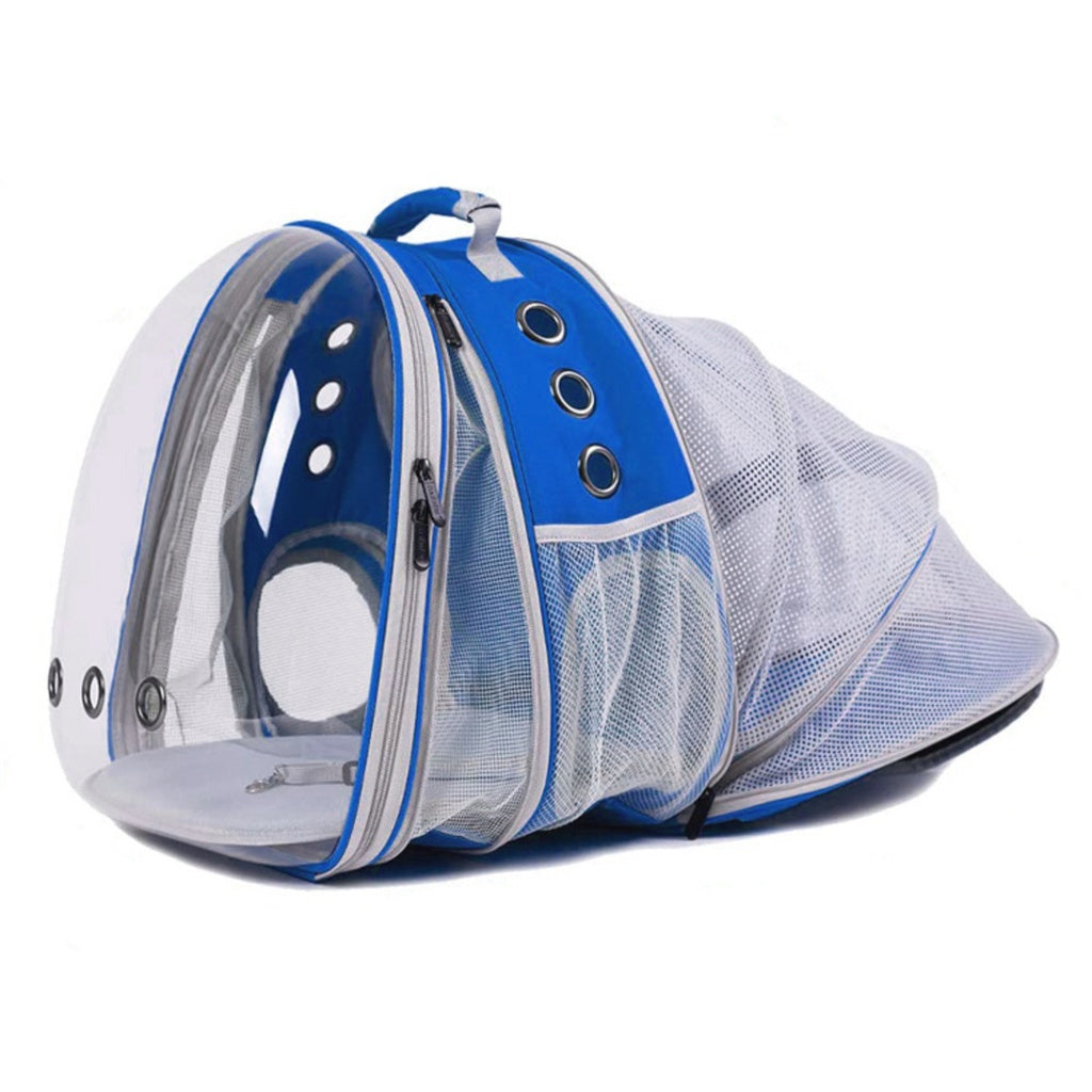 Foldable blue and transparent pet carrier backpack, ideal for traveling with small pets.