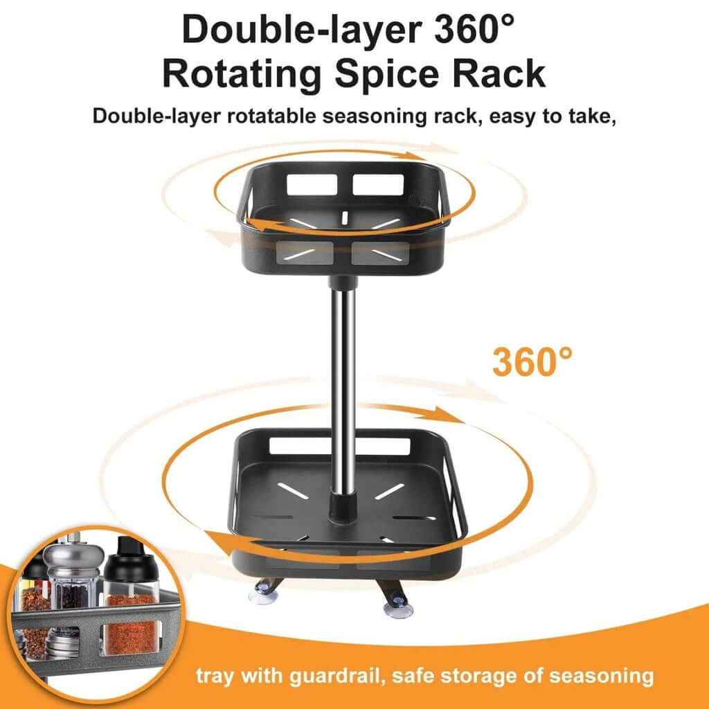 Double-layer 360° rotating spice rack for easy seasoning storage, featuring a safe guardrail and stylish black design.