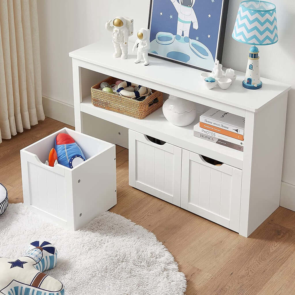 VASAGLE white storage bench with shelf and 3 drawers for kids' room, featuring toys and books, offering affordable and quality DIY style