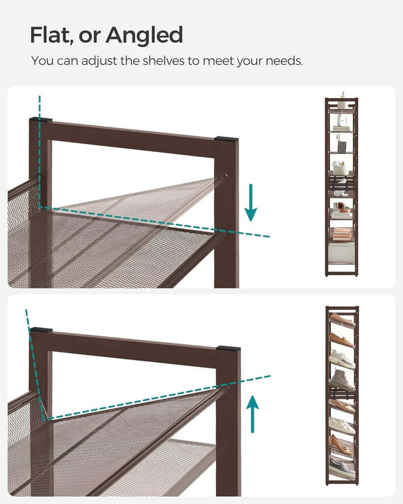 Adjustable shelves on SONGMICS 8-Tier Shoe Rack, showing flat and angled configurations for versatile storage solutions.