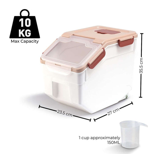 Gominimo airtight food storage container with measuring cup, 10kg capacity, 35.5cm height, ideal for pantry organization.