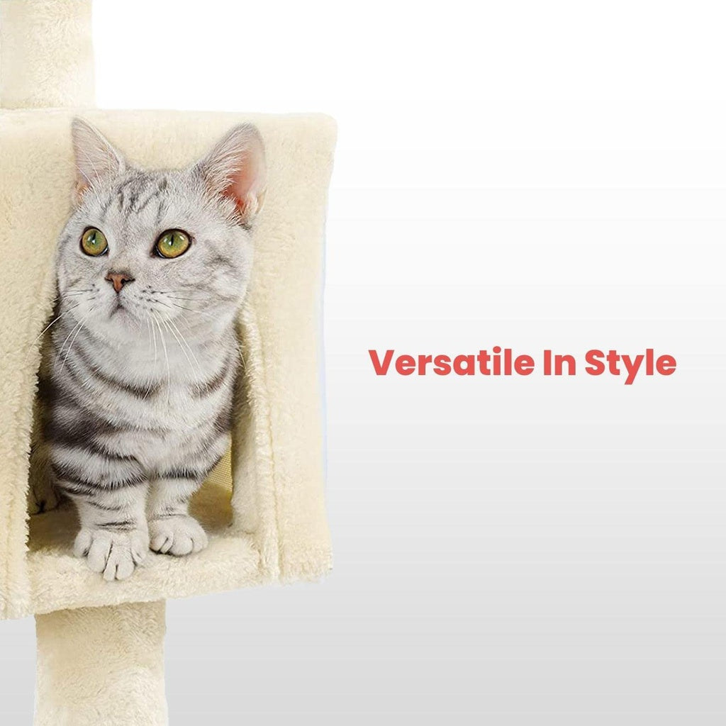 Grey cat sitting in a beige cat tree with "Versatile In Style" text, showcasing affordable, quality, and value homewares and furniture.