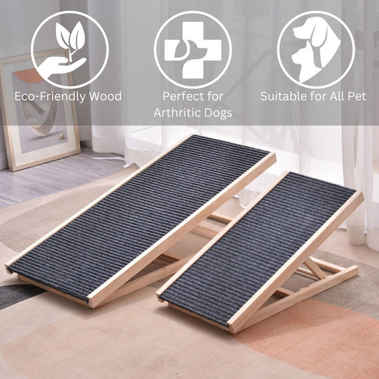 Adjustable wooden pet ramp with eco-friendly materials, ideal for arthritic dogs and suitable for all pets.