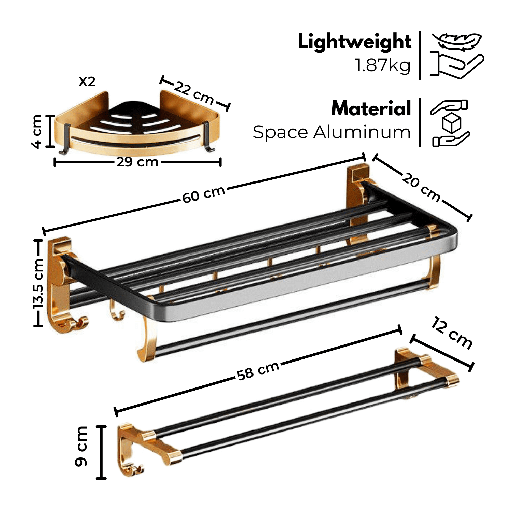 Affordable black gold bathroom wall mount set, quality space aluminum, DIY luxe accessory set with towel holder and bar.