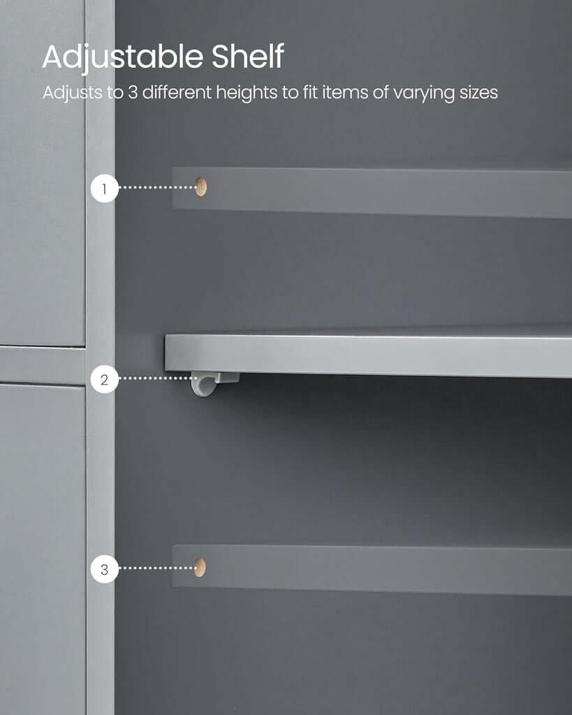 Adjustable shelf on gray VASAGLE floor cabinet, illustrating three height options for diverse storage needs.