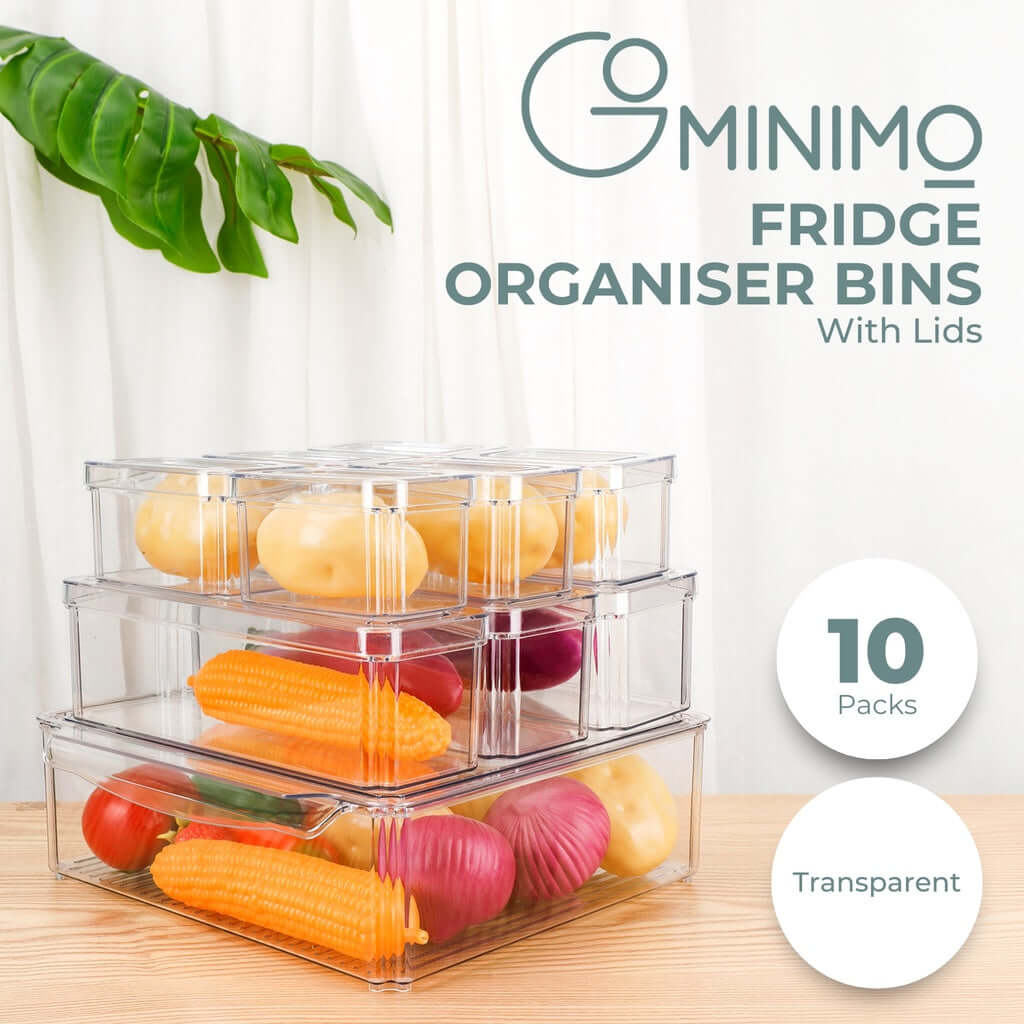 GOMINIMO 10 pack clear fridge organiser bins with lids, showcasing fruits and veggies for affordable and quality storage solutions.