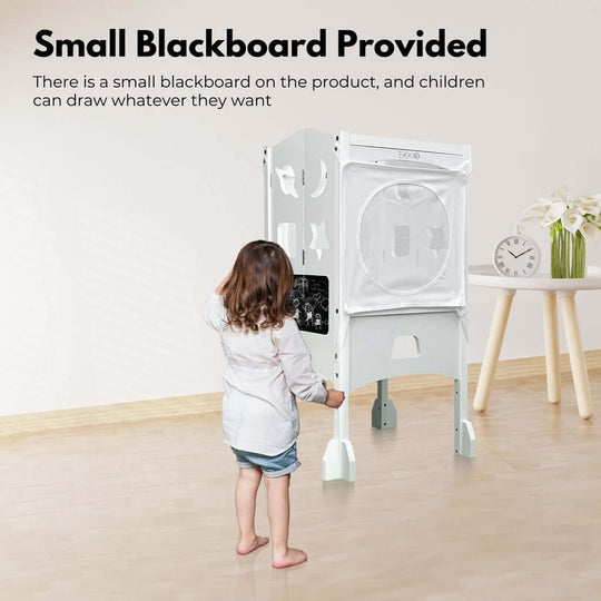 Child using EKKIO folding kitchen kids step stool with chalkboard, showcasing affordable quality, DIY luxe design, white with star shapes.