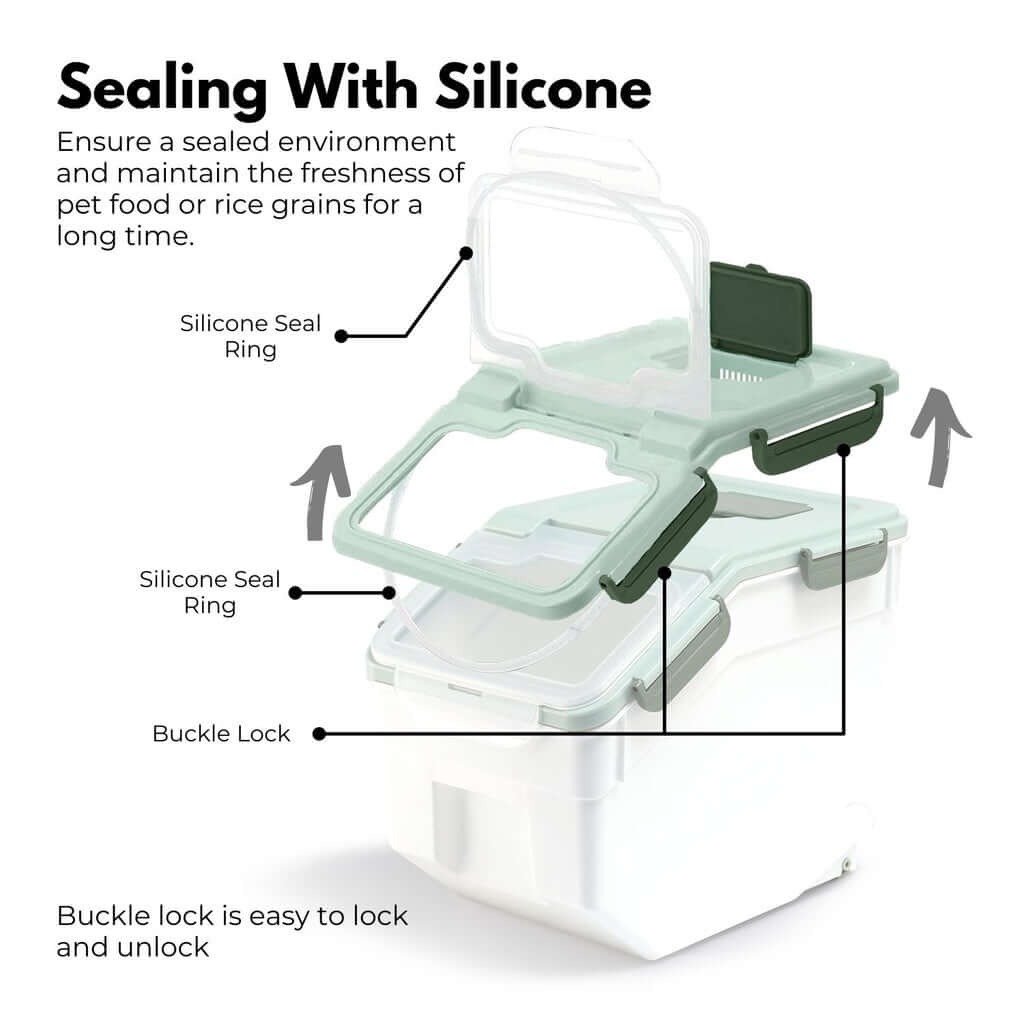 GOMINIMO food storage container showcasing silicone seal and buckle lock for airtight freshness preservation. Affordable and quality design.