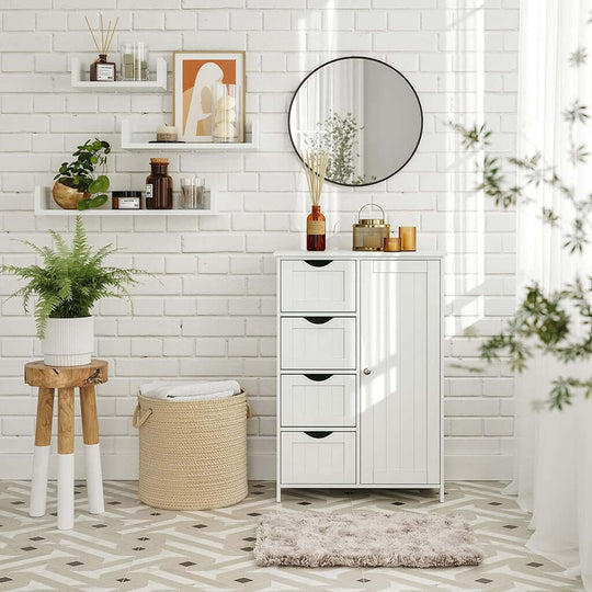 White VASAGLE floor cabinet with 4 drawers in a stylish room with plants and decor, showcasing affordable, luxe furniture.