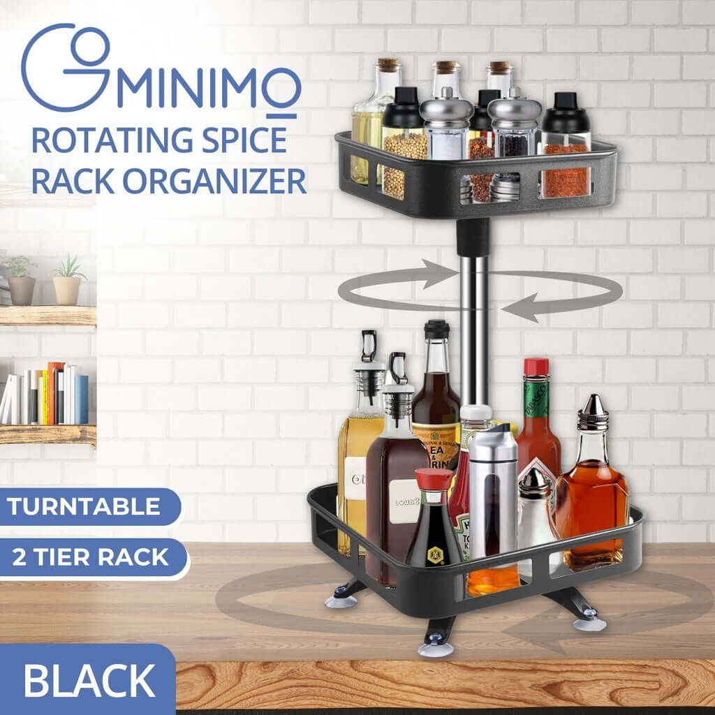 GOMINIMO 2-tier rotating spice rack organizer in black, featuring affordable luxury design and smooth 360° turntable for easy access.