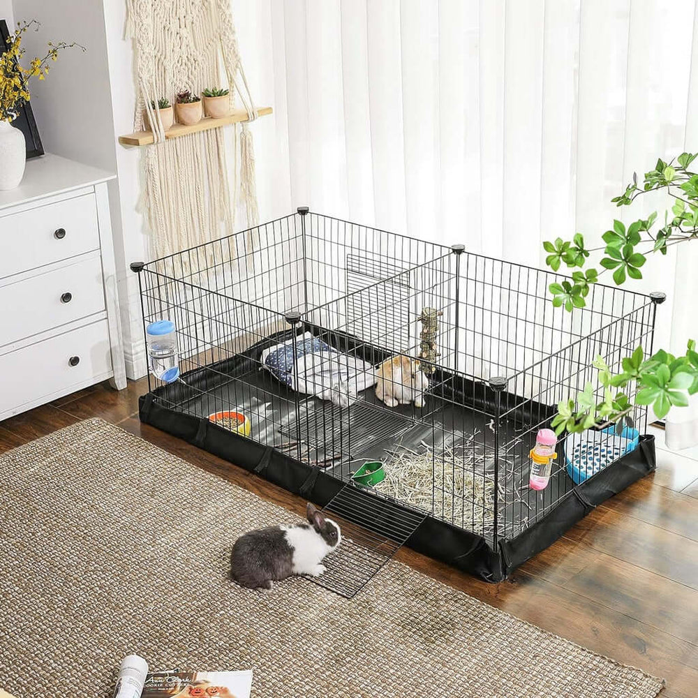 Affordable SONGMICS 3 doors pet playpen with divider, floor mat and plants, ideal for small pets like guinea pigs.