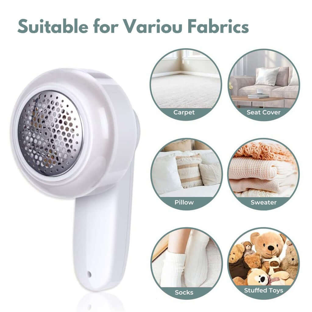 GOMINIMO USB Rechargeable Fabric Shaver suitable for various fabrics like carpet, pillows, sweaters, and stuffed toys.