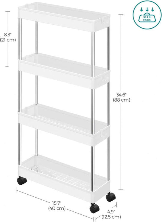 SONGMICS 4-Tier Slim Rolling Storage Cart White with Dimensions, Affordable Quality DIY Storage Solution