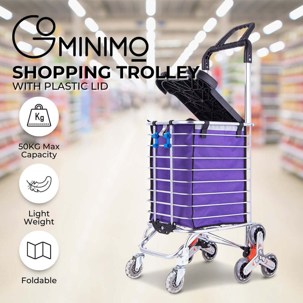 GOMINIMO Foldable Purple Shopping Trolley with Lid, Stair Climbing Wheels, Affordable Quality, DIY Luxe Cart in Store Aisle