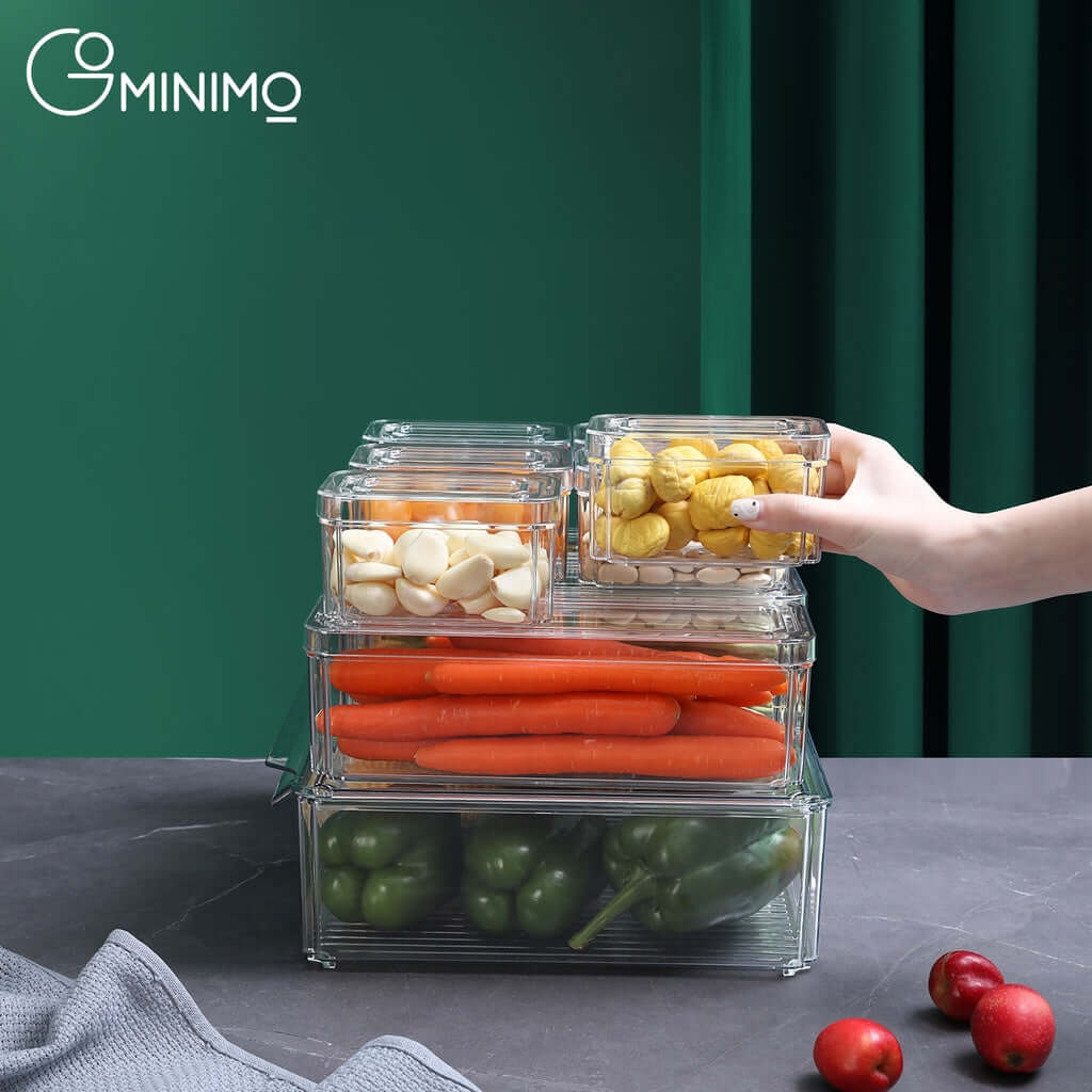 GOMINIMO clear stackable fridge organizer bins holding vegetables and fruits, showcasing affordable quality storage solutions.