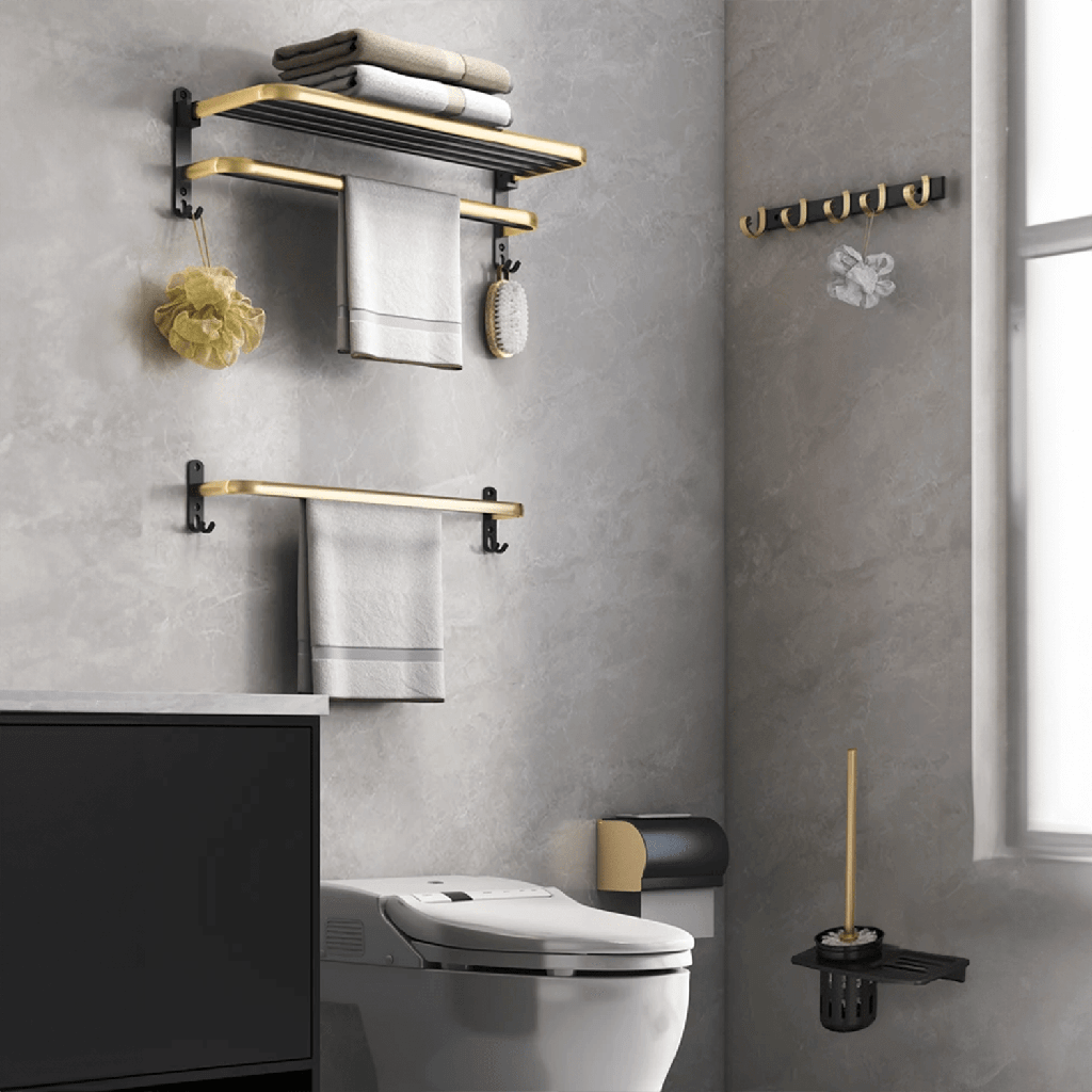 Bathroom showcasing Gominimo wall mount black gold accessories set with towel holder and hooks, affordable luxury DIY solution.