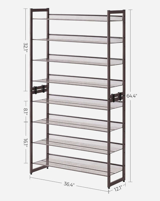 SONGMICS 8-Tier Bronze Shoe Rack with Adjustable Shelves, Holds 32 Pairs, Affordable Quality Storage for DIY Luxe Spaces