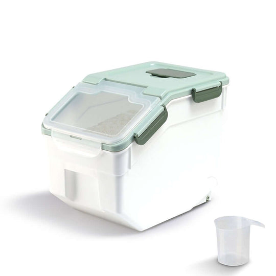 GOMINIMO multipurpose food storage container in green with airtight seal, lid, and measuring cup for pet food or grains.