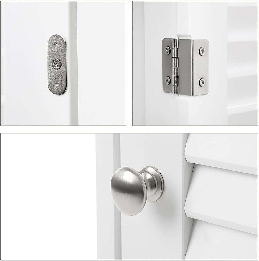 Close-up of VASAGLE cabinet hardware showing hinge, knob, and bracket details for affordable and quality storage options.