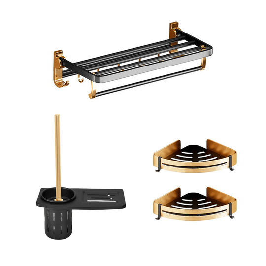 Affordable black gold bathroom accessory set B with towel holder, toilet brush, space aluminum, luxe design, quality DIY setup.