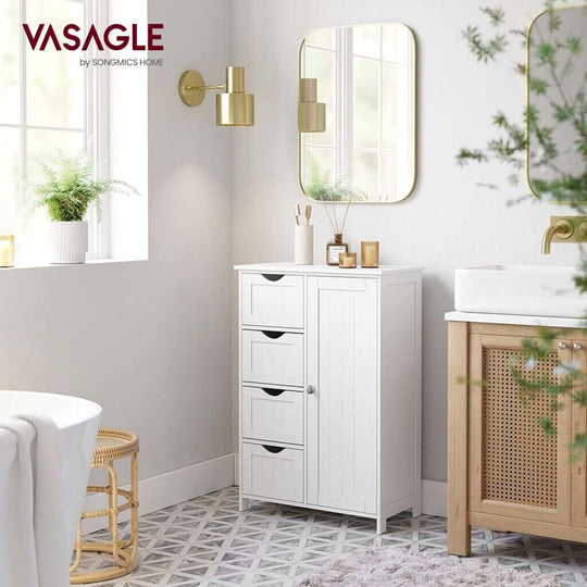 Elegant white VASAGLE floor cabinet with 4 drawers in a rustic bathroom setting, showcasing affordable and quality DIY style.