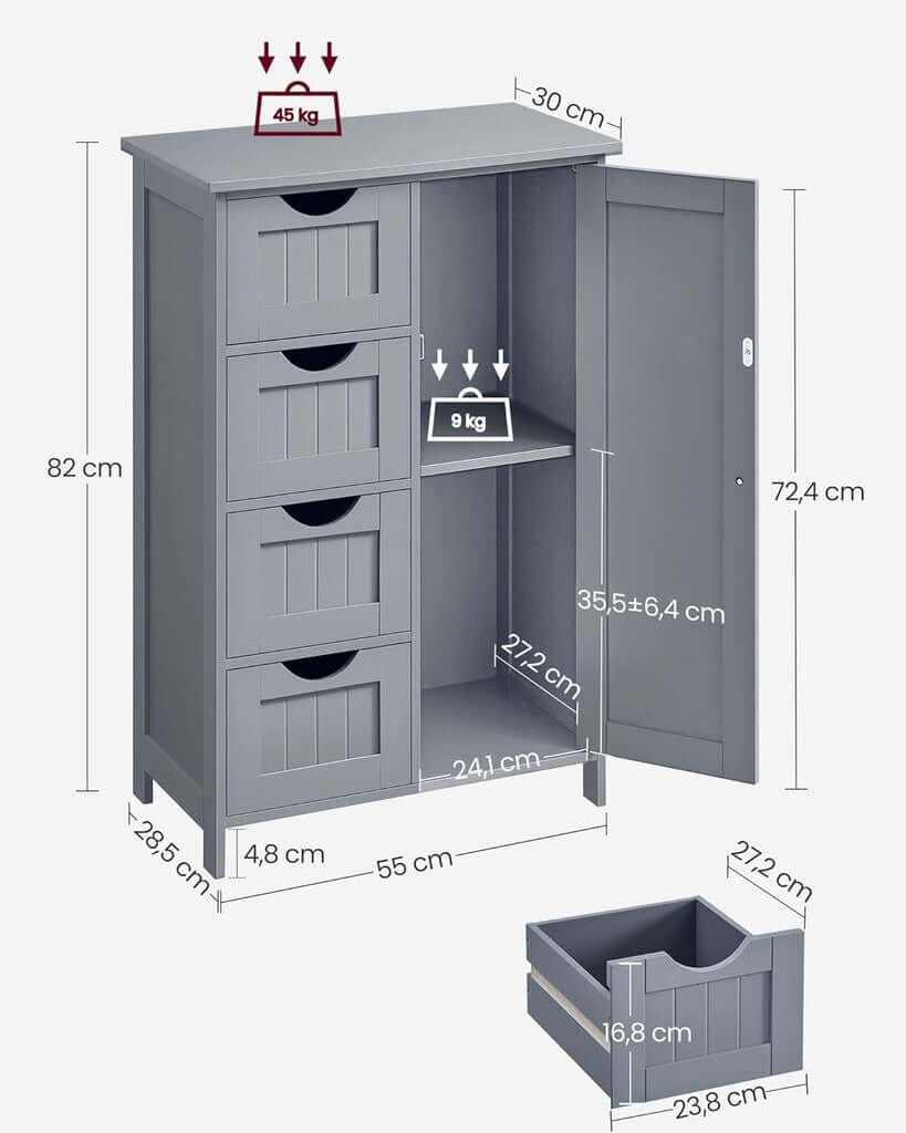 Affordable VASAGLE gray floor cabinet with 4 drawers, adjustable shelf; quality luxe design, DIY measurements displayed.