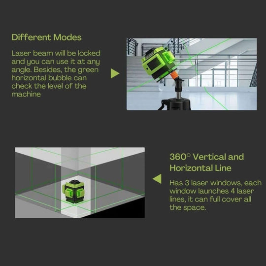 RYNOMATE Laser Level demonstrating different modes and 360° coverage, ideal for affordable DIY projects with superior green light visibility.