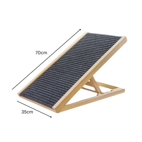 Adjustable wooden ramp with black carpet surface, 70cm in length and 35cm in width, perfect for pets or home use.