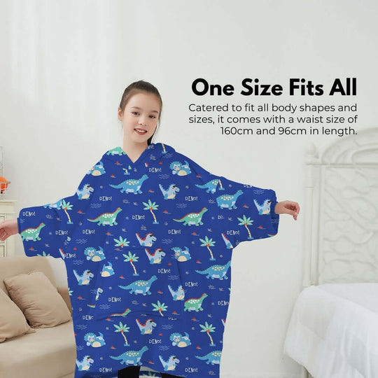 Kids wearing GOMINIMO Hoodie Blanket in dark blue dinosaur print, showcasing comfy fabric and one size fits all design.