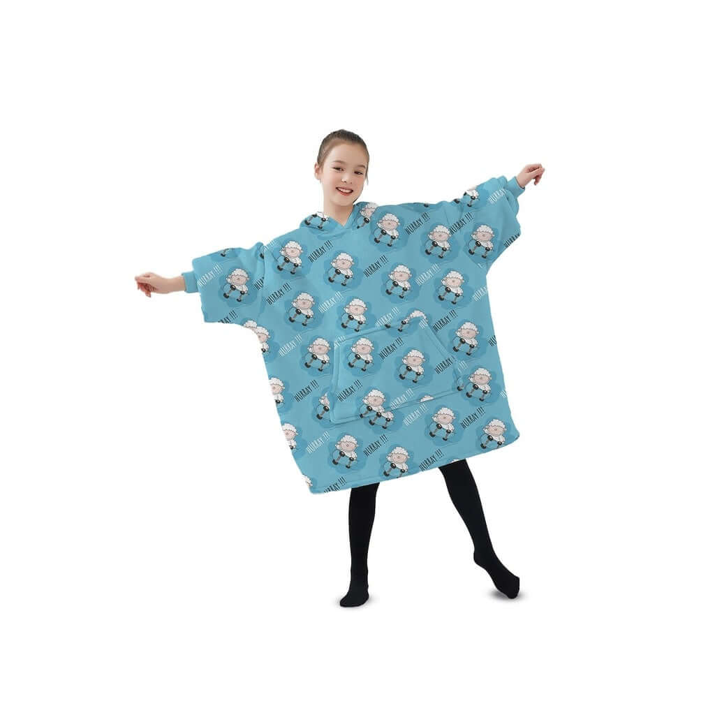 Child wearing GOMINIMO light blue hoodie blanket with sheep design, showcasing comfort and style for kids.