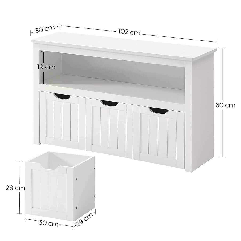 White VASAGLE storage bench with three drawers and shelf, dimensions labeled, ideal for affordable DIY organization in kids' rooms.