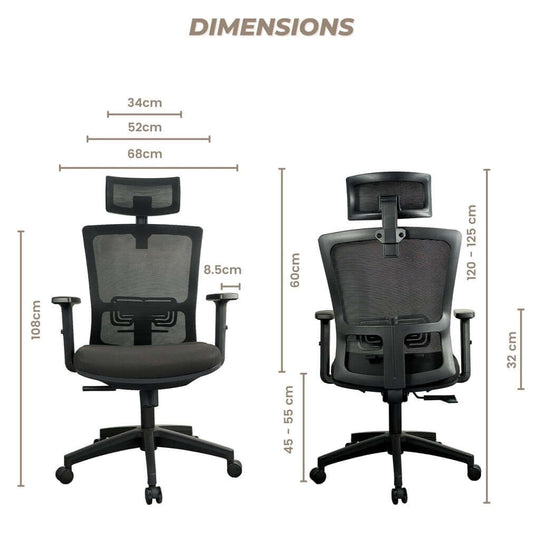 EKKIO Zorae office chair dimensions with ergonomic backrest, adjustable headrest and lumbar support shown from front and back.