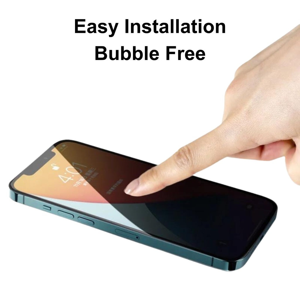 Finger demonstrating easy bubble-free installation of a screen protector on a smartphone.