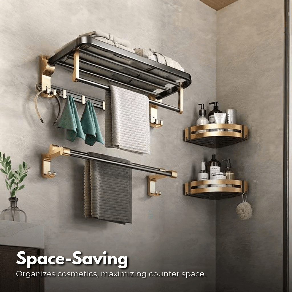 Gominimo space-saving bathroom wall mount accessories in black gold, affordable and quality DIY set for an organized, luxe bathroom.