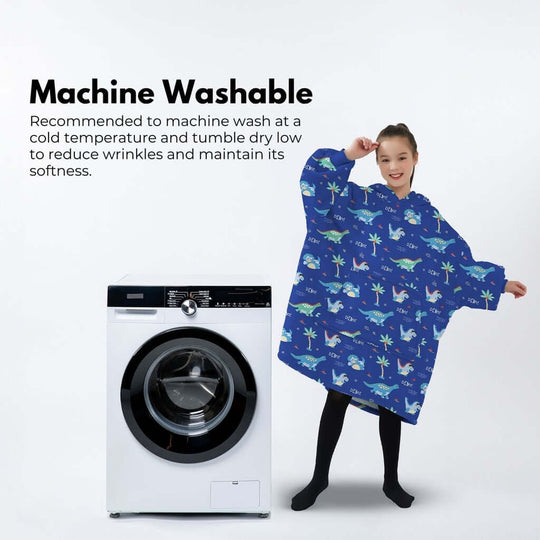 Kids wearing GOMINIMO dinosaur hoodie blanket beside a washing machine, highlighting machine washable feature.