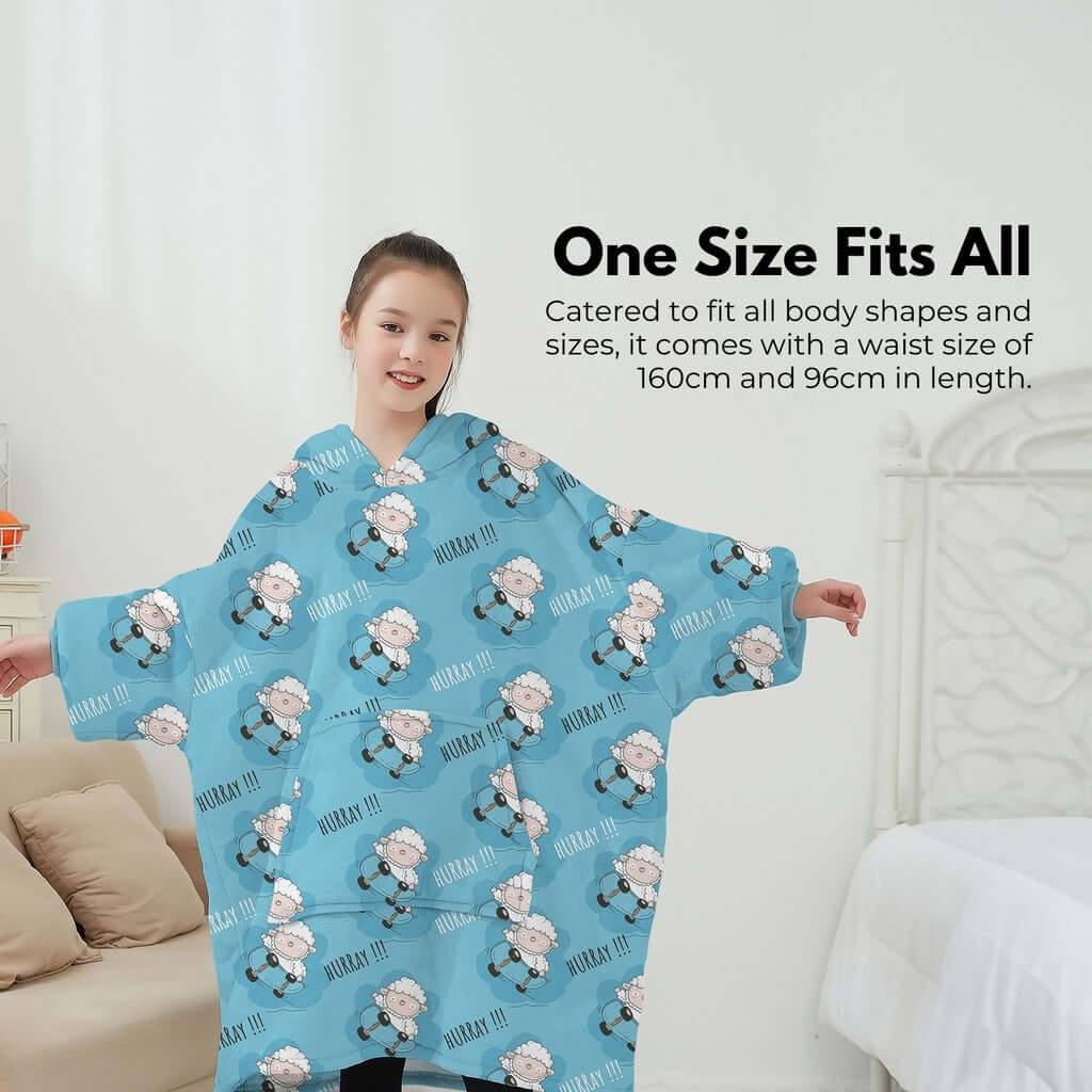 GOMINIMO light blue hoodie blanket for kids, featuring sheep design, perfect for all body shapes and sizes.