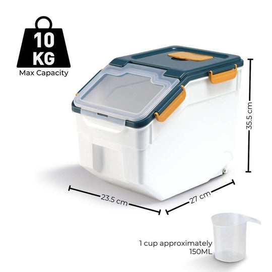 Gominimo airtight food storage container, blue, 10 kg max capacity, user-friendly design, ideal for pantry organization.