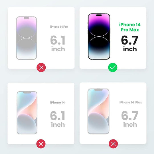 Comparison chart of different iPhone 14 models showing screen sizes, with iPhone 14 Pro Max clearly highlighted for its 6.7 inch display.