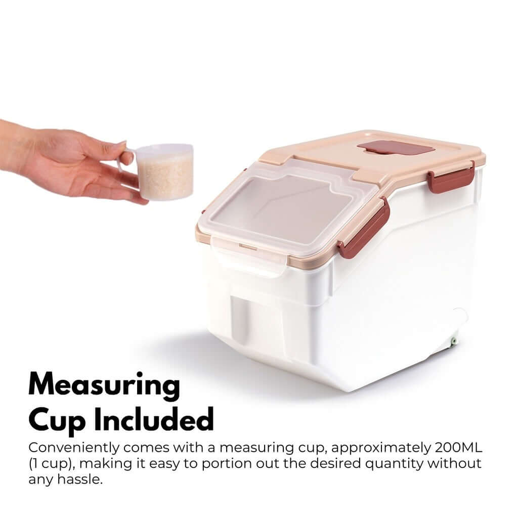 Gominimo airtight food storage container with measuring cup for easy portioning of rice and grains.