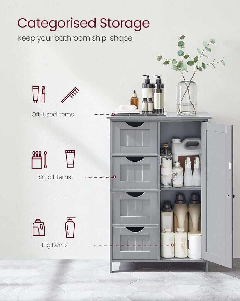 Gray VASAGLE floor cabinet with categorized storage for bathroom essentials, featuring four drawers and an adjustable shelf.