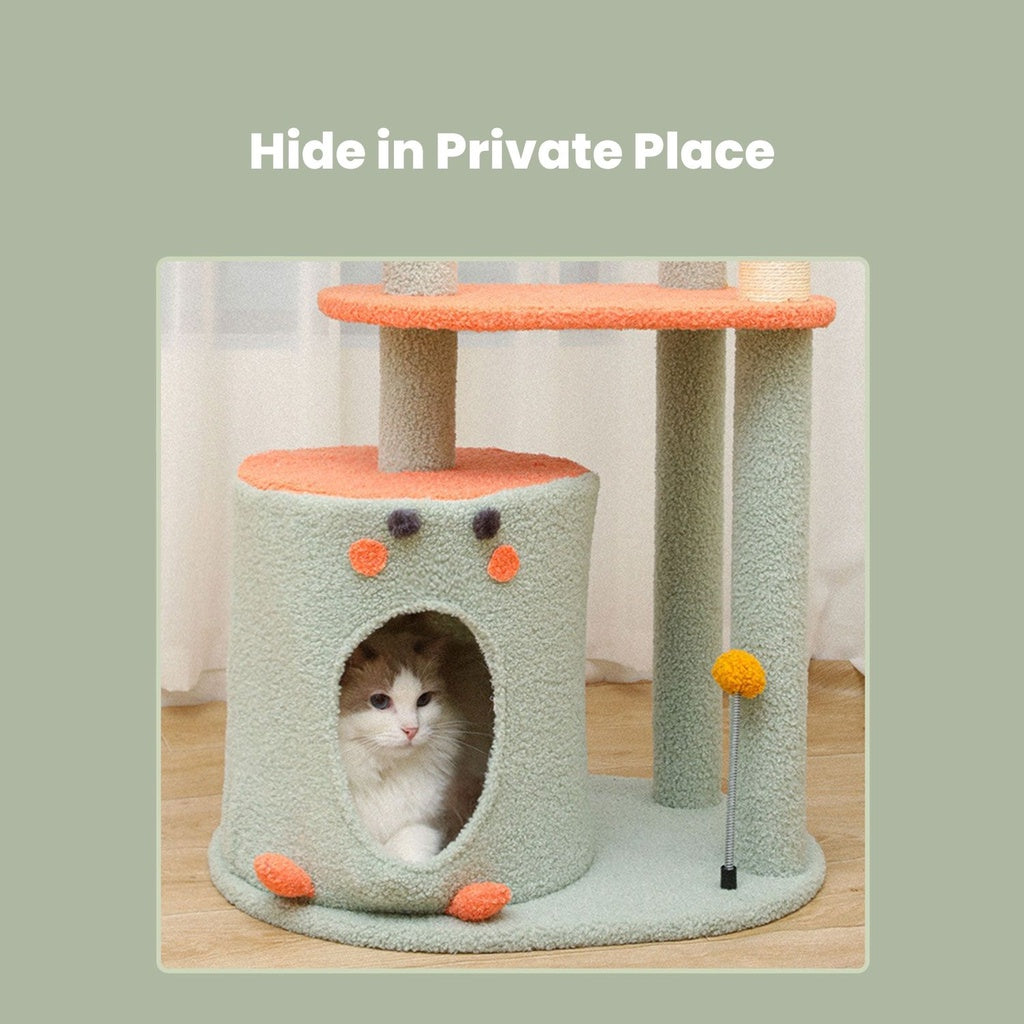 Cat hiding in a cozy cat tower with text 'Hide in Private Place' - Affordable, quality homewares value furniture for pets.