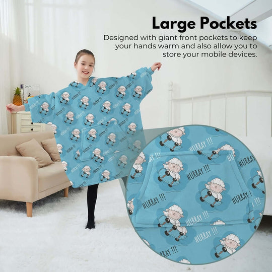 GOMINIMO Kids Hoodie Blanket in light blue with sheep design, featuring large front pockets for warmth and convenience.