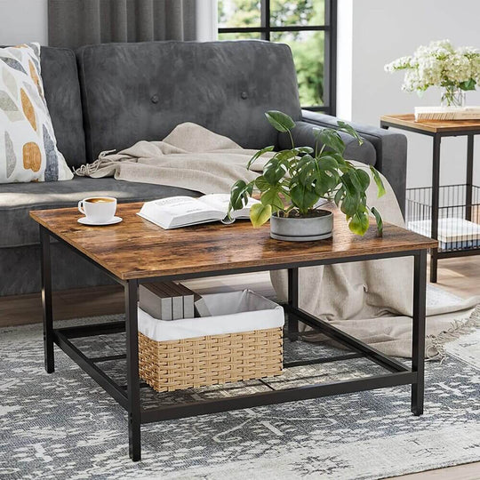 Rustic brown VASAGLE coffee table with mesh shelf, affordable quality for DIY luxe living room design.