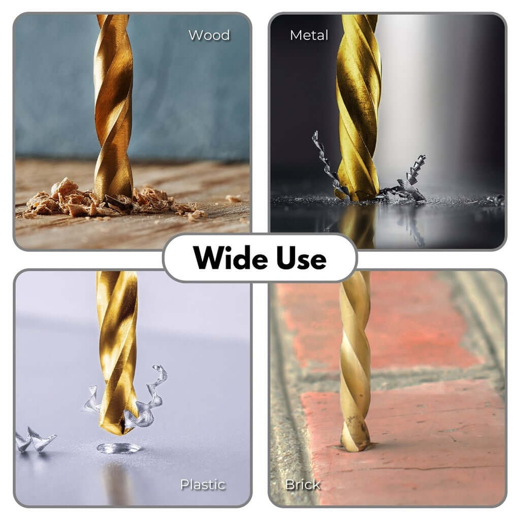 RYNOMATE drill bits demonstrating wide use on wood, metal, plastic, and brick surfaces, showcasing affordability and quality for DIY projects.