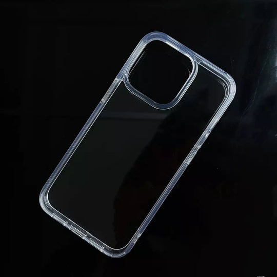 Transparent phone case on black background showcasing durable and sleek design for device protection.