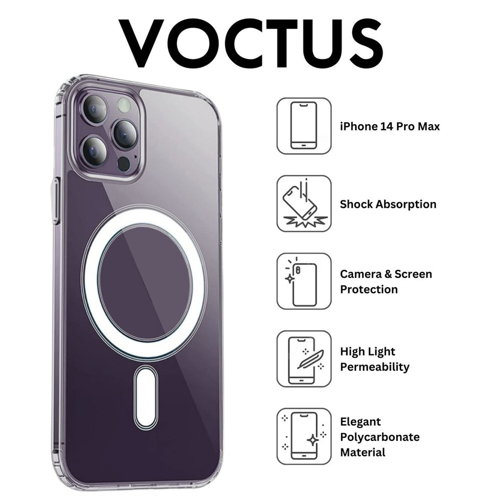 Transparent Vocus iPhone 14 Pro Max case highlighting shock absorption, camera protection, high light permeability, and elegant polycarbonate material.