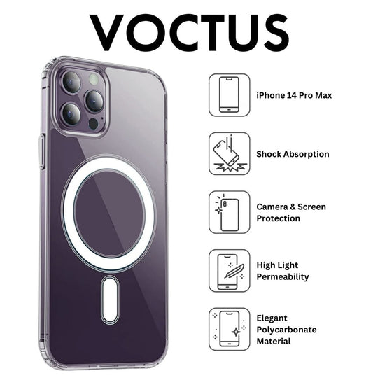 Transparent Vocus iPhone 14 Pro Max case highlighting shock absorption, camera protection, high light permeability, and elegant polycarbonate material.