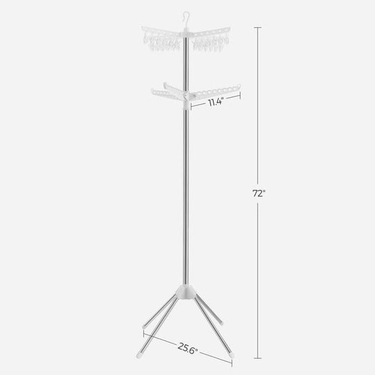 SONGMICS 2-Tier Clothes Drying Rack dimensions 25.6”D x 25.6”W x 72”H with rotatable arms and 24 clips, space-saving design.