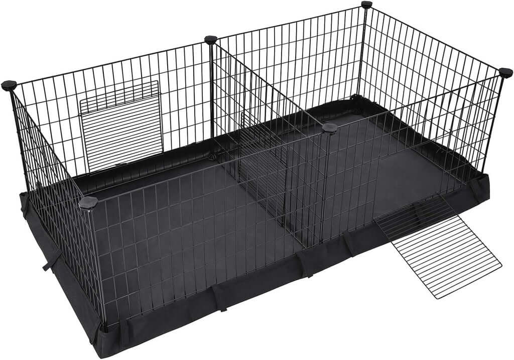 SONGMICS black pet playpen with divider panel and floor mat, affordable quality for DIY pet spaces.